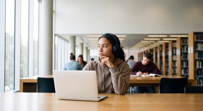 Thoughtful young female student studying with laptop in university library