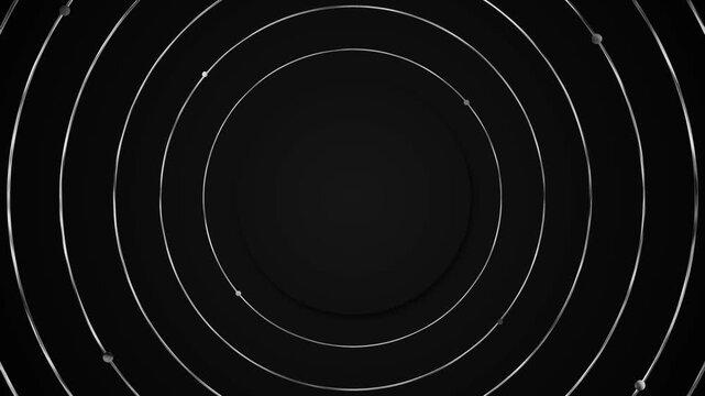 Black circular orbit rings silver curved lines, small sphere particles, soft shadows, minimal futuristic style. for technology , science intros, luxury titles, corporate presentations, elegant digital