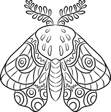 Intricate black and white line art illustration of a stylized luna moth featuring ornamental wings with abstract patterns and decorative leafy antennae. Hand-drawn vector style coloring page.