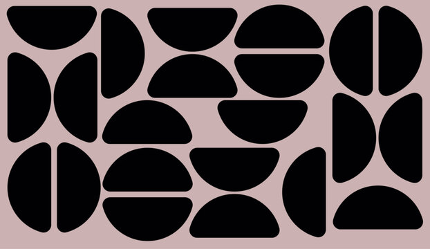 A seamless abstract pattern design featuring repeating black half-circle shapes arranged in a modern geometric composition against a soft pastel pink background. This versatile vector illustration 