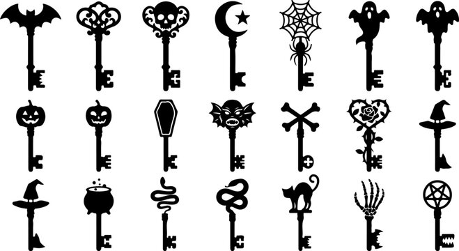 Set of halloween keys silhouettes with various spooky and magical symbols vector illustration