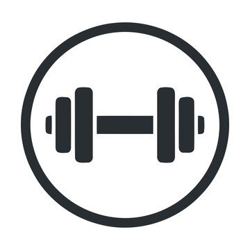 Black dumbbell icon inside a circle representing gym fitness and heavy weight lifting exercise Vector