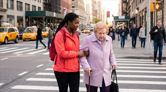 Young caregiver helping an elderly woman cross a busy city street. Mobility assistance, safety, companionship and support for older adults.
