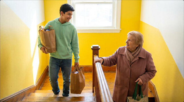 Young volunteer carrying grocery bags upstairs for an elderly woman. Practical help, community care and support for independent living.