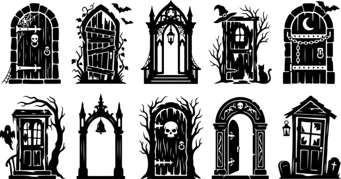 Set of spooky halloween doors and gates silhouettes vector illustration
