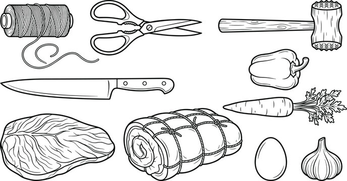 Professional Meat Preparation and Butchery Icon Set Featuring Tied Roast, Raw Steak, Twine, Scissors, Mallet, Knife, and Fresh Vegetables Vector Illustration