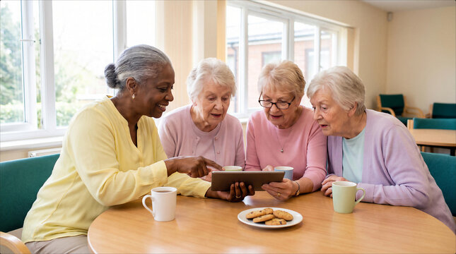 Senior women using a tablet together over tea in a community room. Digital communication, friendship, learning and social inclusion concept.