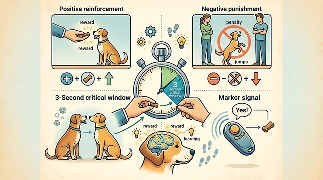 Infographic of dog training methods and behavior reinforcement