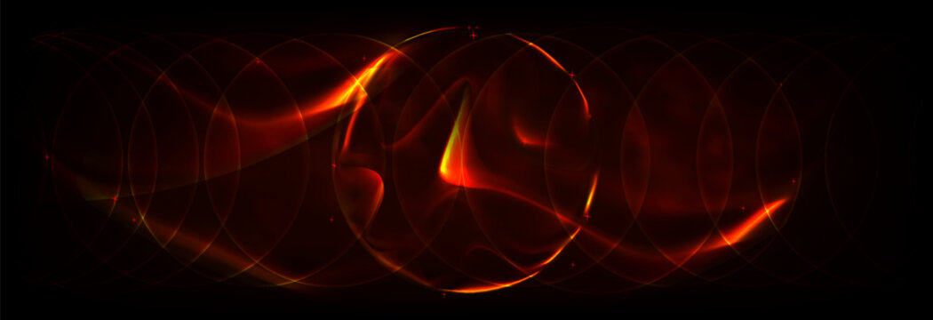 Abstract Red Background With Glowing Orange Energy Waves, Circular Light Rings And Spark Effects On Black, Futuristic Panoramic Banner For Technology, Speed, Digital Data And Dynamic Motion Design
