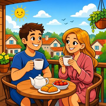 Cozy Morning Coffee on Balcony &ndash; Happy Couple Enjoying Breakfast Together