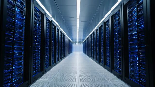 Server room corridor with rows of illuminated racks during a slow forward camera push with cool blue lighting and cinematic depth