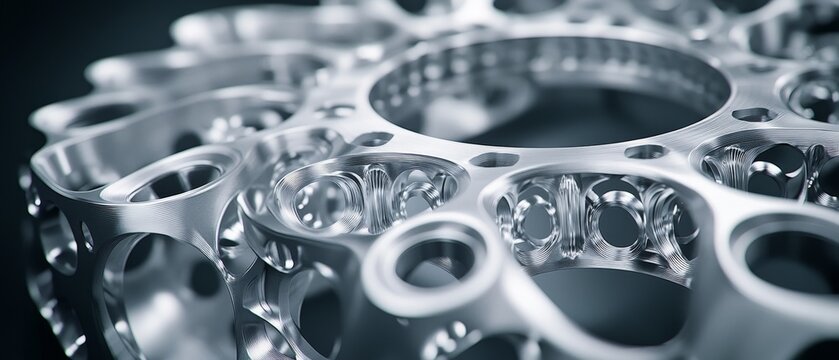 Close-up view of intricate silver 3d printed metal lattice structure against dark background.