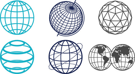 Abstract Globe Collection with Wireframe Earth, Geometric Sphere, World Map and Global Network Icons Isolated on White Background Vector Illustration © Mst