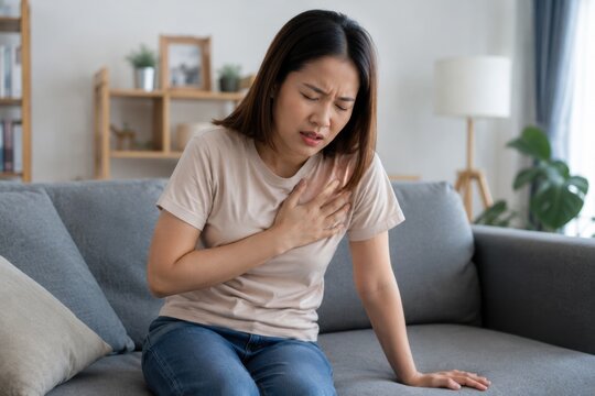 Young asian woman touching her chest in acute pain while sitting on living room couch. Concept of heart issues, panic attack, intercostal neuralgia, and home medical emergencies.