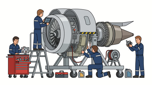 Aircraft mechanics team working on jet engine maintenance and repair.