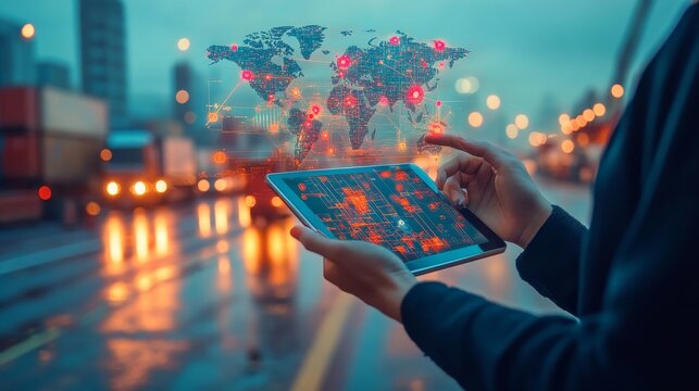 A person holding a tablet displaying a digital map with glowing red nodes, set against a blurred city street background at night.