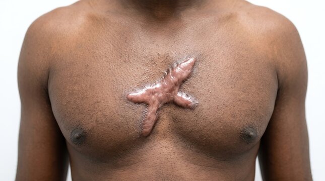 Large Raised Sternum Keloid Scar on Black Male Chest