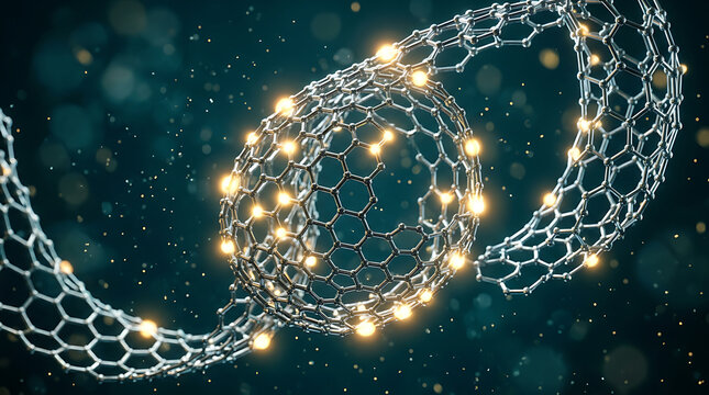 Abstract visualization of carbon nanotubes and molecular structure with glowing particles.