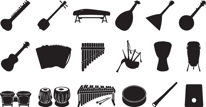 Traditional Musical Instruments Silhouette Collection Set, Black Isolated Icons Bundle Featuring String, Percussion, Wind and Folk Music Equipment on White Background