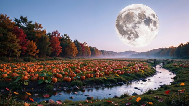 Wide cinematic view of a pumpkin patch at night with full moon