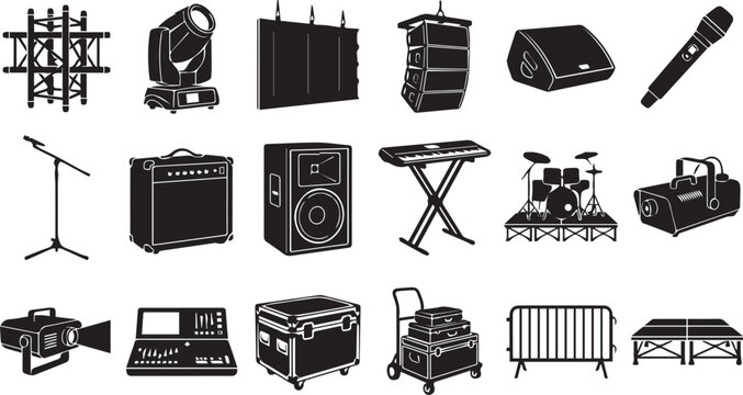Professional Stage Audio Equipment Silhouette Collection Set, Black Concert Production Icons Bundle Featuring Lighting, Speakers, Microphones and Live Event Gear
