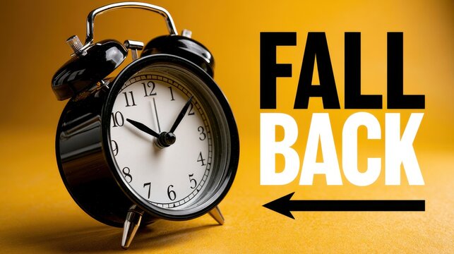 A black alarm clock with 'FALL BACK' text on a yellow background. Concept for daylight saving time change.