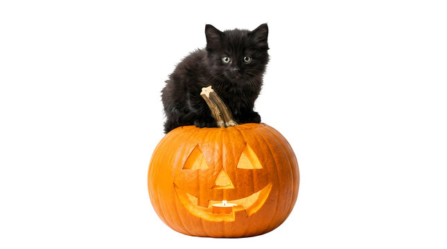 Cute black kitten sitting on carved jack o lantern pumpkin happy halloween.
