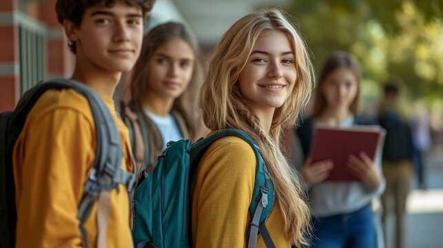 A smiling teenage girl with a backpack stands in the foreground while other students linger nearby against a blurred outdoor.