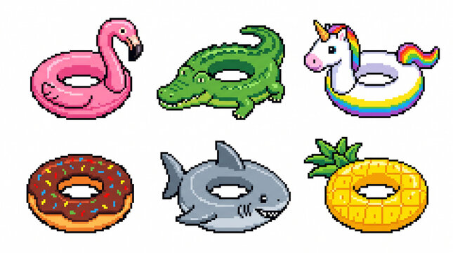 8-bit pixel art summer pool floats set with animal and food tubes