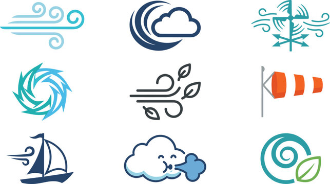 Weather and Wind Icon Set Featuring Breeze, Cyclone, Cloud, Storm, Windsock, Sailing, Airflow, and Eco Climate Vector Collection