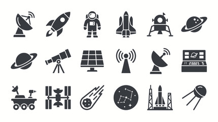 Fototapeta premium Astronomy icons depict essential space exploration hardware and celestial phenomena in a classic black and white silhouette format.