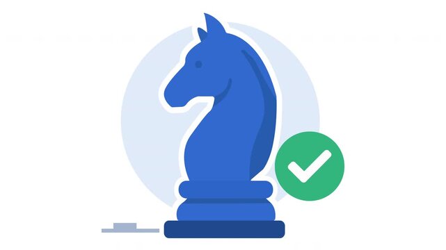 Chess knight piece with green checkmark badge, successful strategy and smart decision flat vector motion graphics animation video