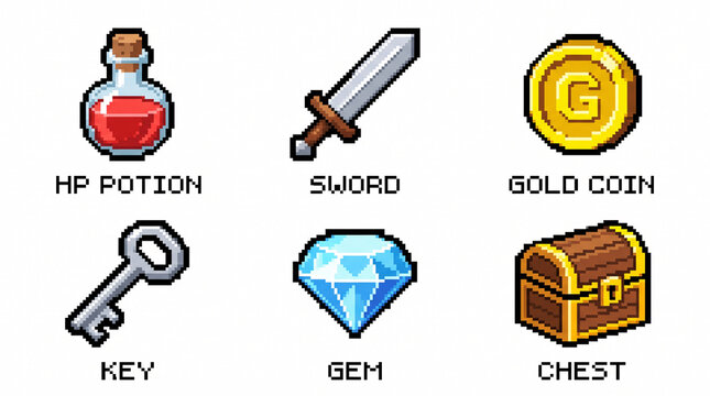 8-bit pixel art classic game inventory item icons with text labels