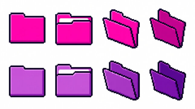 8-bit pixel art pink and purple computer file folder icon set