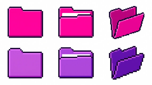 8-Bit Pixel Art Pink and Purple Folder Icon Set. Retro File Directory UI Assets for Game Design