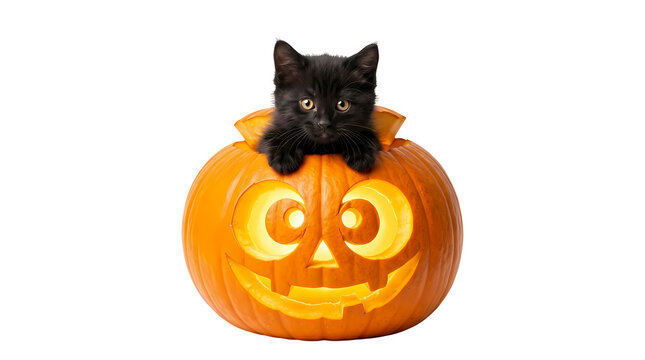 Fluffy black kitten peeks out of glowing carved pumpkin for festive halloween.