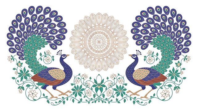Traditional Indian wedding card inspired by Mughal Design. Mughal wedding invitation card with peacock and decorative border.
