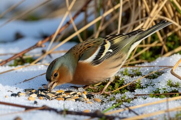 Small colorful eurasian chaffinch bird finds seeds on cold frozen ground covered with white winter snow. Wild creature sits on icy soil near dry grass blades eating food during frosty season. Male © Vadym
