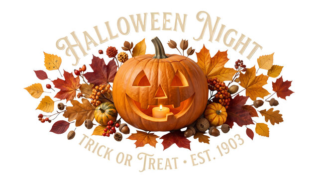 Halloween night carved pumpkin with autumn leaves, berries, acorns and text for decoration.
