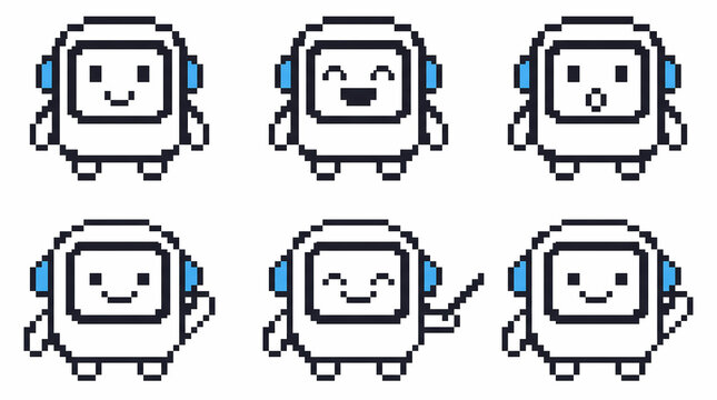 8-bit pixel art cute robot character action set