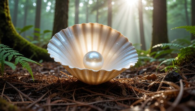 A glowing shiny pearl resting inside an open seashell on a misty forest floor with sunbeams