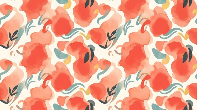 Seamless watercolor abstract botanical pattern in coral and teal