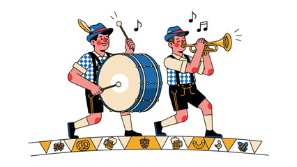 Oktoberfest Brass Band Performance: Two musicians in traditional Bavarian attire joyfully perform, one playing a large drum and the other a trumpet. © abidakhatun