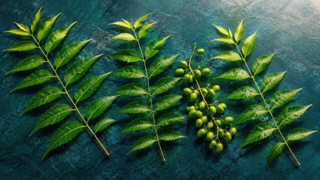 Fresh Neem Leaves And Seeds On Dark Green Background