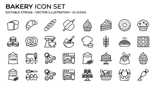Bakery and pastry outline icon set with bread cake cupcake and baking tools vector illustration