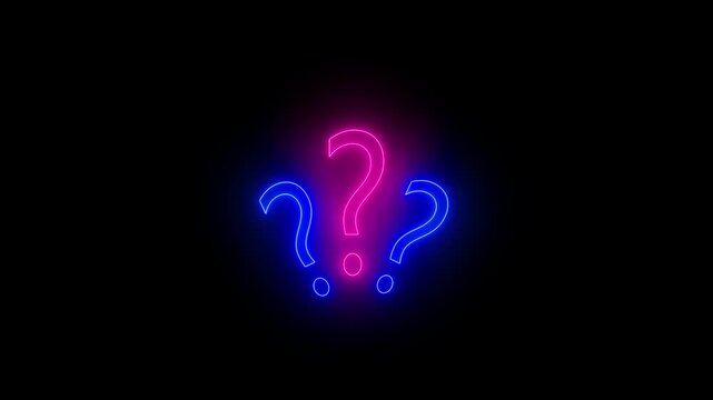Glowing Neon Pink and Blue Question Mark Symbols Isolated on Black Background, Modern Cyberpunk Query Punctuation Mark Graphic Icon Set for Quiz, Help Center, Solution, FAQ, and VFX Motion Overlay