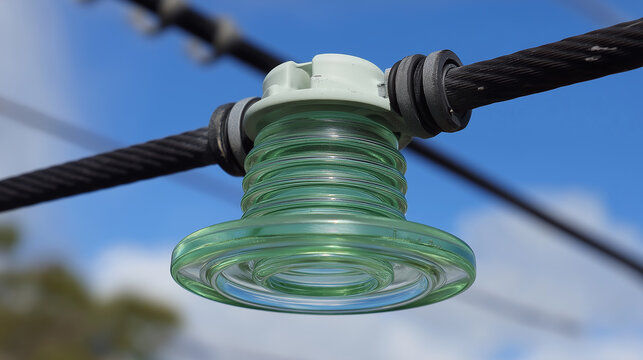 Glass insulator on an electrical power line against a blue sky, High-voltage glass power line insulator close up, generative ai