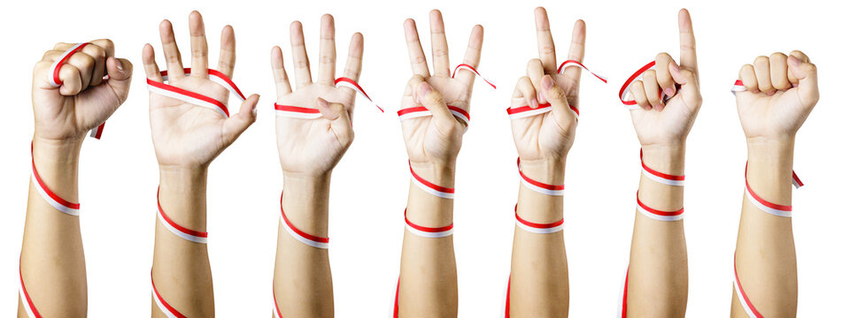 Set of human hands wrapped with red and white ribbon displaying finger counting numbers isolated on white background. High Quality Photo