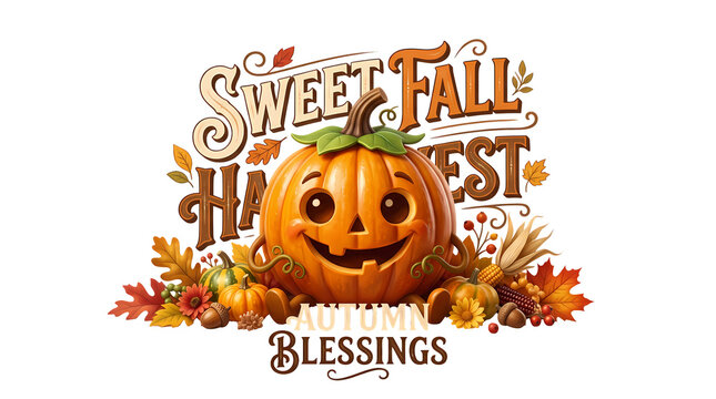 Happy halloween pumpkin with text sweet fall harvest autumn blessings and leaves decoration.