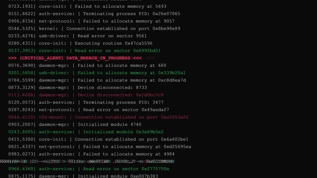 Terminal code hacking screen scrolling with data breach critical alert for cybersecurity concept background